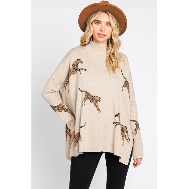 Beige Animal Print Side Slit Sweater
