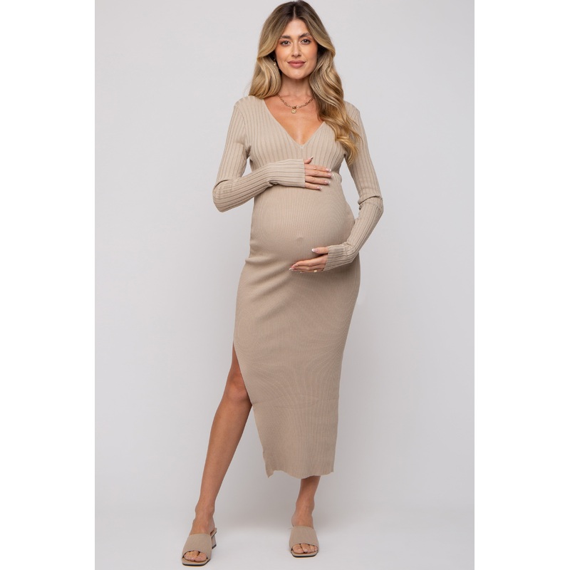 Beige Ribbed Fitted Long Sleeve Maternity Maxi Dress