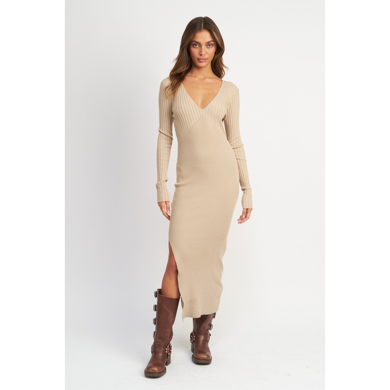 Beige Ribbed Fitted Long Sleeve Maxi Dress