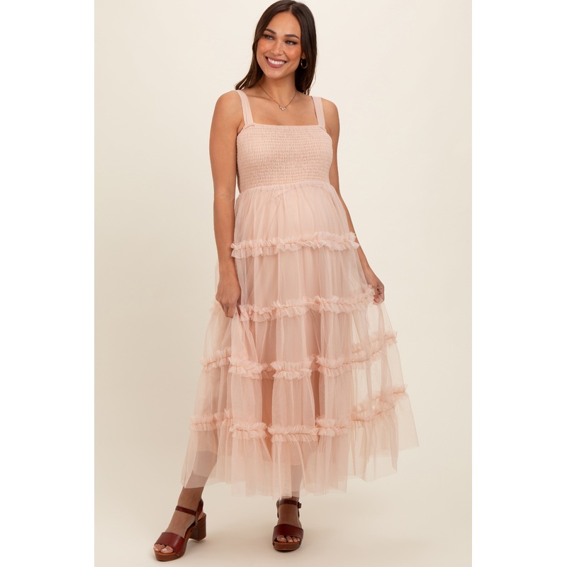 Beige Smocked Ruffle Tiered Tulle Maternity Midi Dress