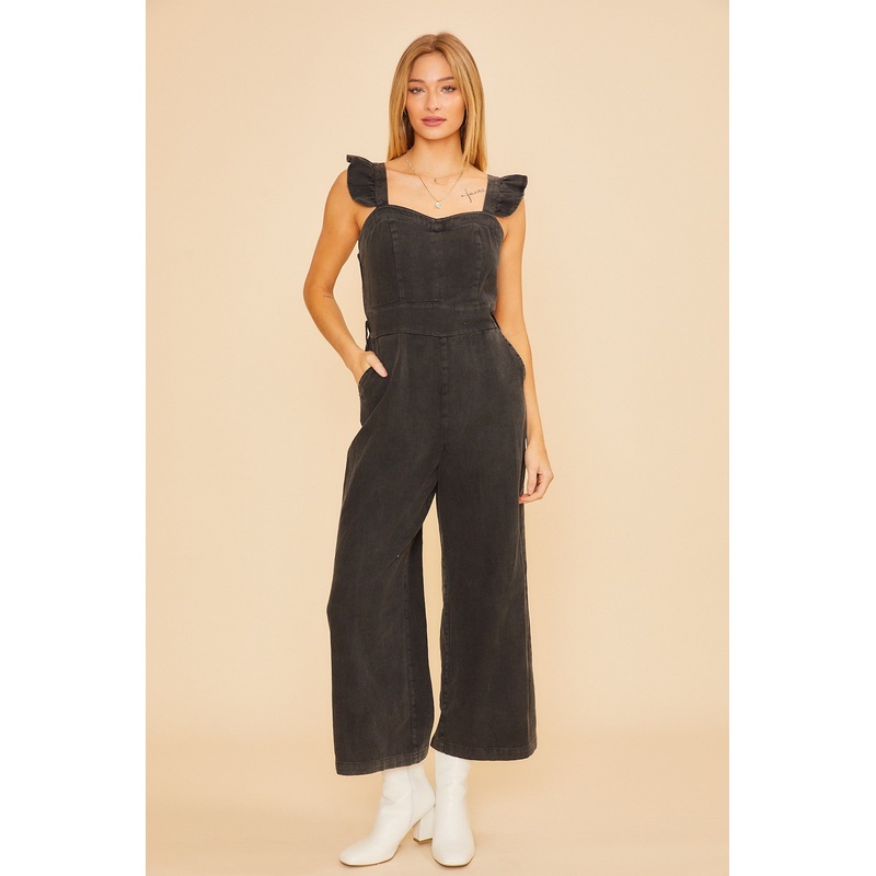 Black Denim Jumpsuit With Ruffle Shoulder Strap