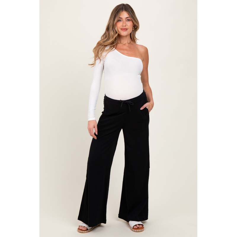 Black Drawstring Wide Leg Maternity Lounge Pant