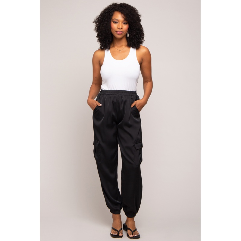 Black Satin Cargo Jogger Pants