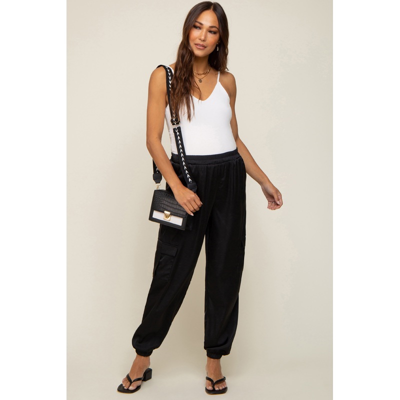Black Satin Cargo Maternity Jogger Pants