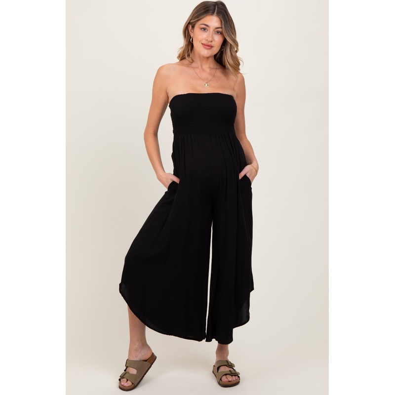Black Strapless Smocked Tulip Leg Maternity Jumpsuit