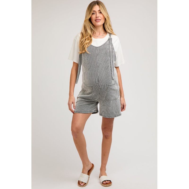 Black Striped Bow Strap Maternity Romper