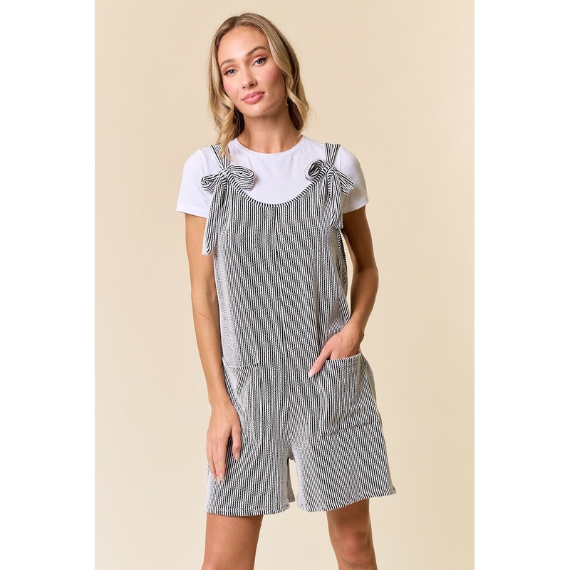 Black Striped Bow Strap Romper