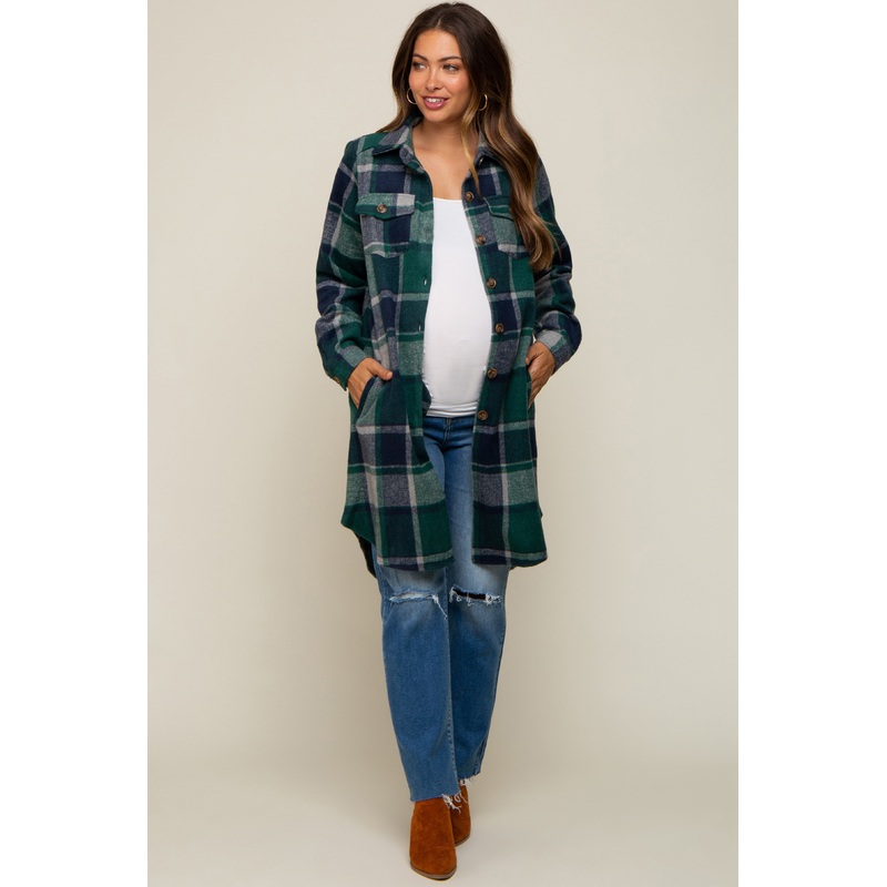 Green Plaid Fleece Maternity Long Shirt Jacket