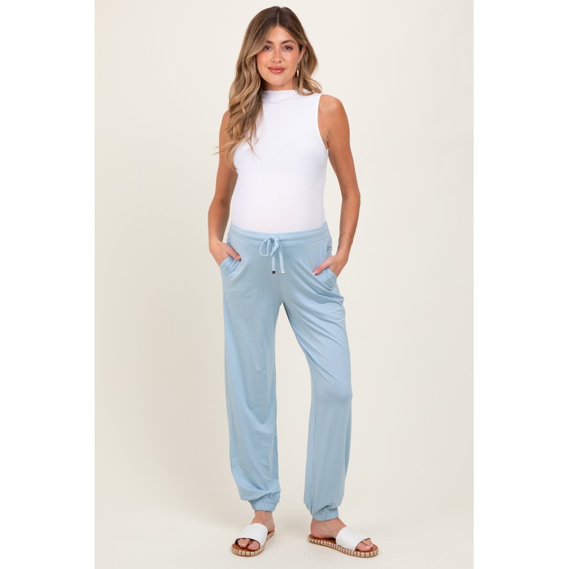 Light Blue Drawstring Maternity Jogger Pants