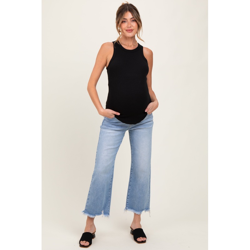 Light Blue Fringe Hem Cropped Straight Leg Maternity Jeans