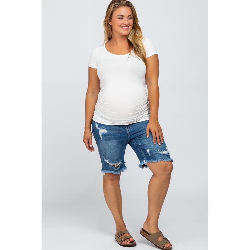 Medium Wash Distressed Denim Plus Maternity Shorts