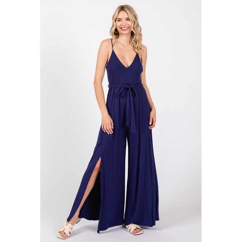 Navy Blue Sleeveless V-Neck Split Hem Jumpsuit