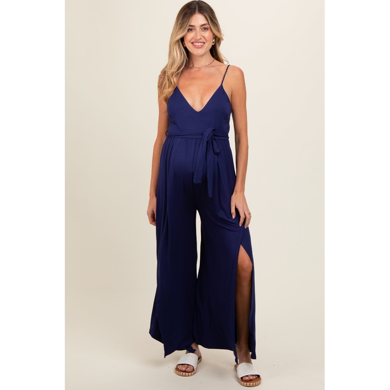 Navy Blue Sleeveless V-Neck Split Hem Maternity Jumpsuit