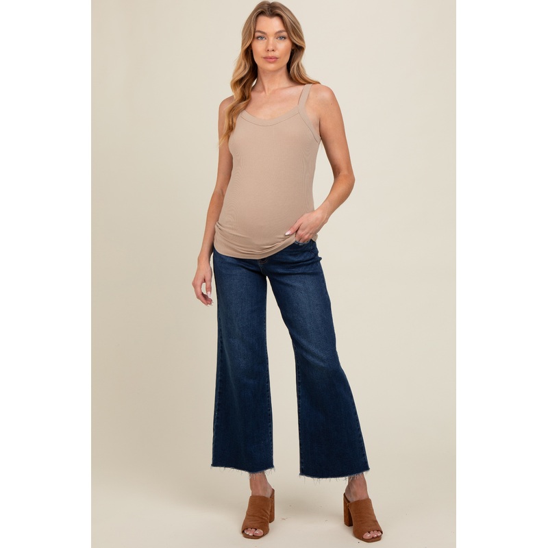 Navy Blue Wide Leg Raw Hem Maternity Jeans