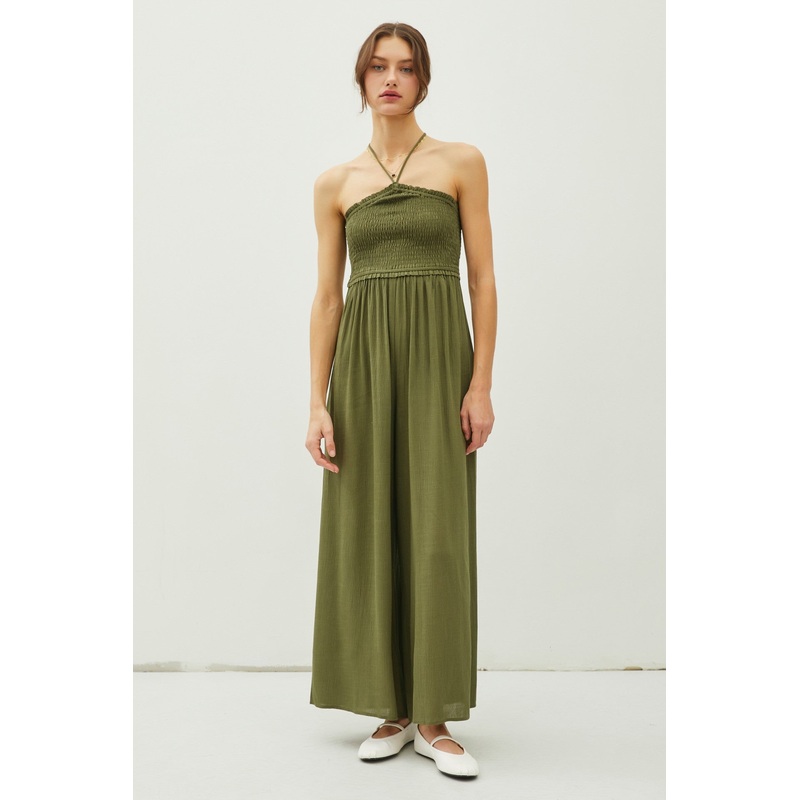 Olive Back Cutout Smocked Halter Wide Leg Jumpsuit