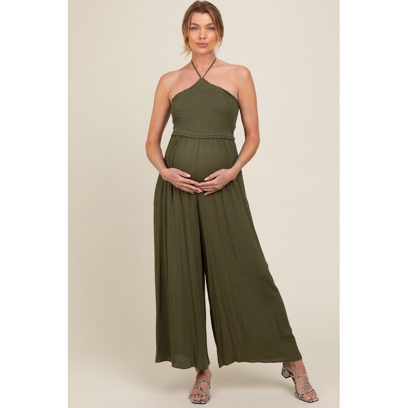 Olive Back Cutout Smocked Halter Wide Leg Maternity Jumpsuit