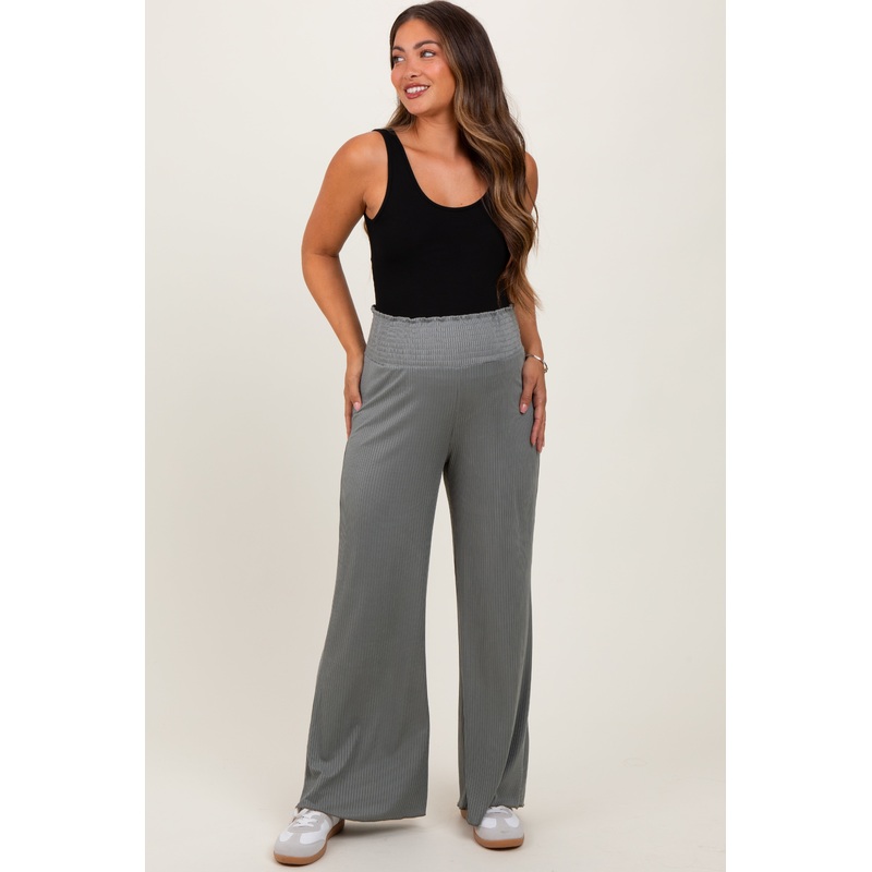 Olive Ribbed Smocked Waistband Wide Leg Maternity Pants
