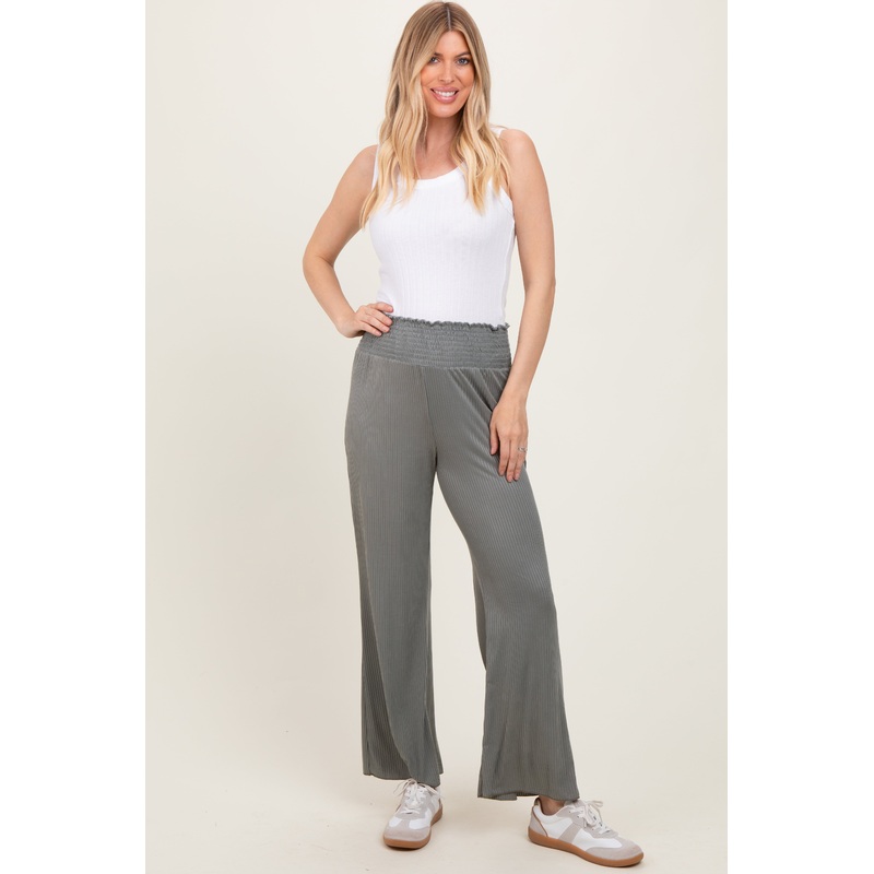 Olive Ribbed Smocked Waistband Wide Leg Pants