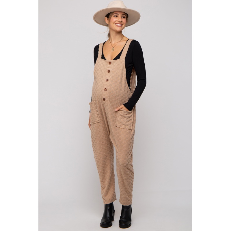Taupe Checkered Soft Knit Maternity Overall