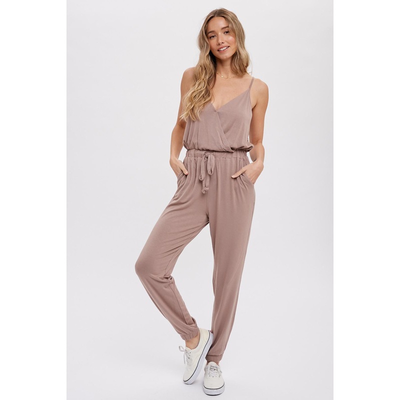 Taupe Surplice Casual Jersey Jumpsuit