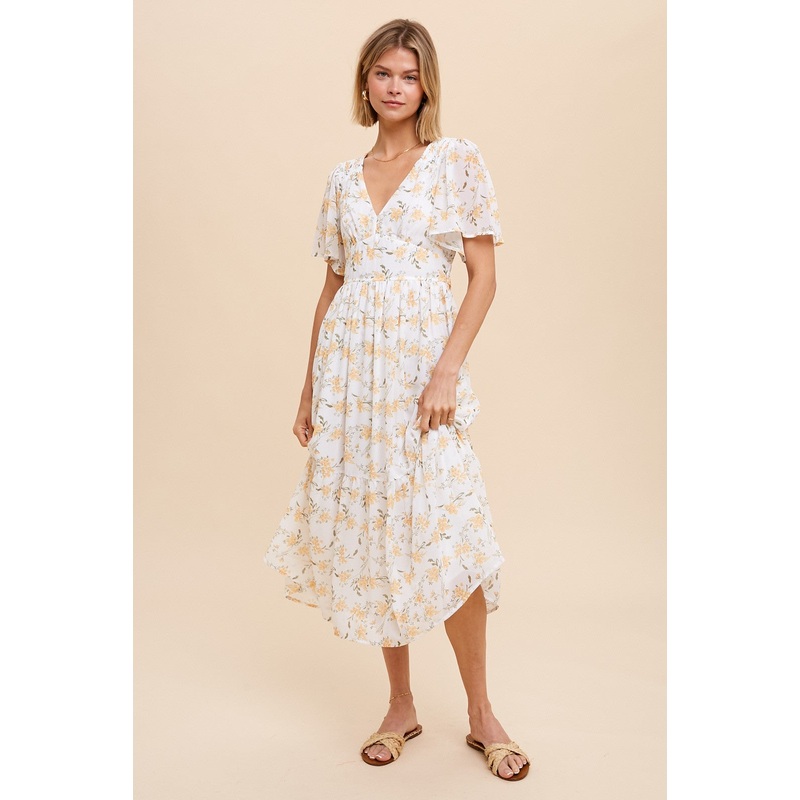 White Floral V Neck Midi Dress