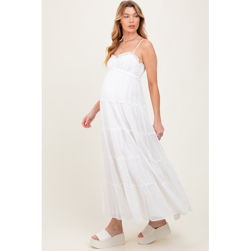 White Shirred Bust Ruffle Tiered Maternity Maxi Dress