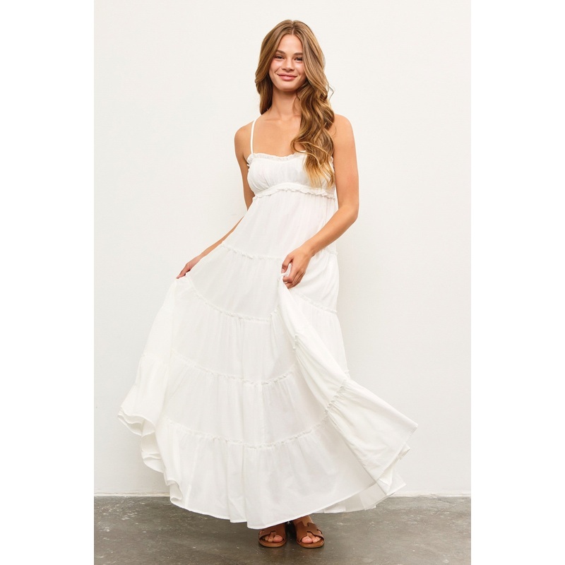 White Shirred Bust Ruffle Tiered Maxi Dress