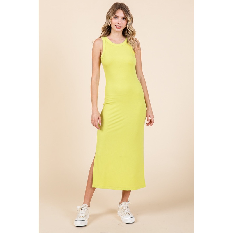 Yellow Ribbed Side Slit Tank Dress