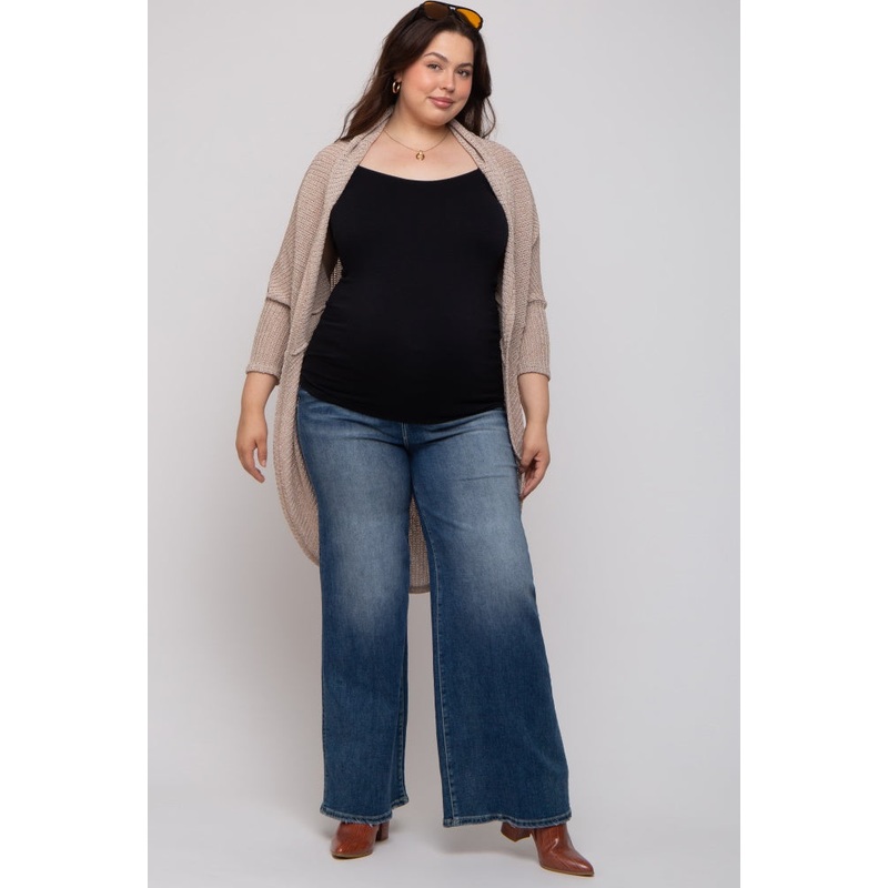 Beige Open Knit Dolman Sleeve Maternity Plus Cardigan