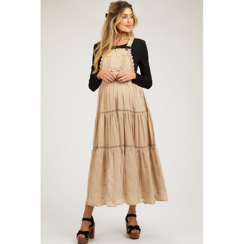 Beige Overall Crochet Lace Tiered Maternity Dress