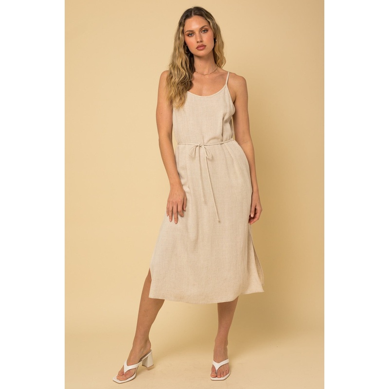 Beige Sleeveless Side Pocket Linen Midi Dress