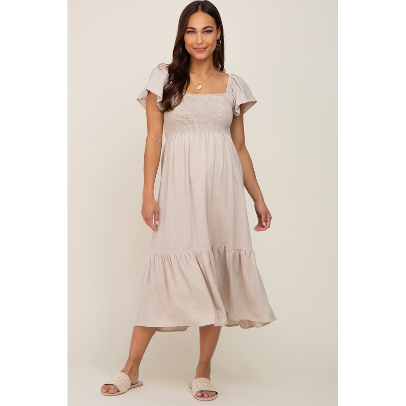 Beige Smocked Ruffle Hem Maternity Midi Dress