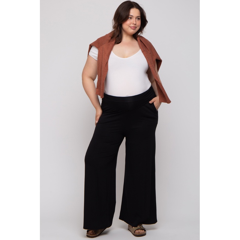Black Foldover Band Wide Leg Maternity Plus Lounge Pants