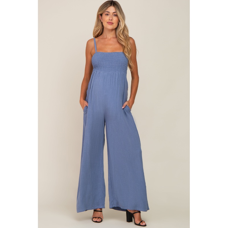 Blue Smocked Linen Wide Leg Maternity Jumpsuit