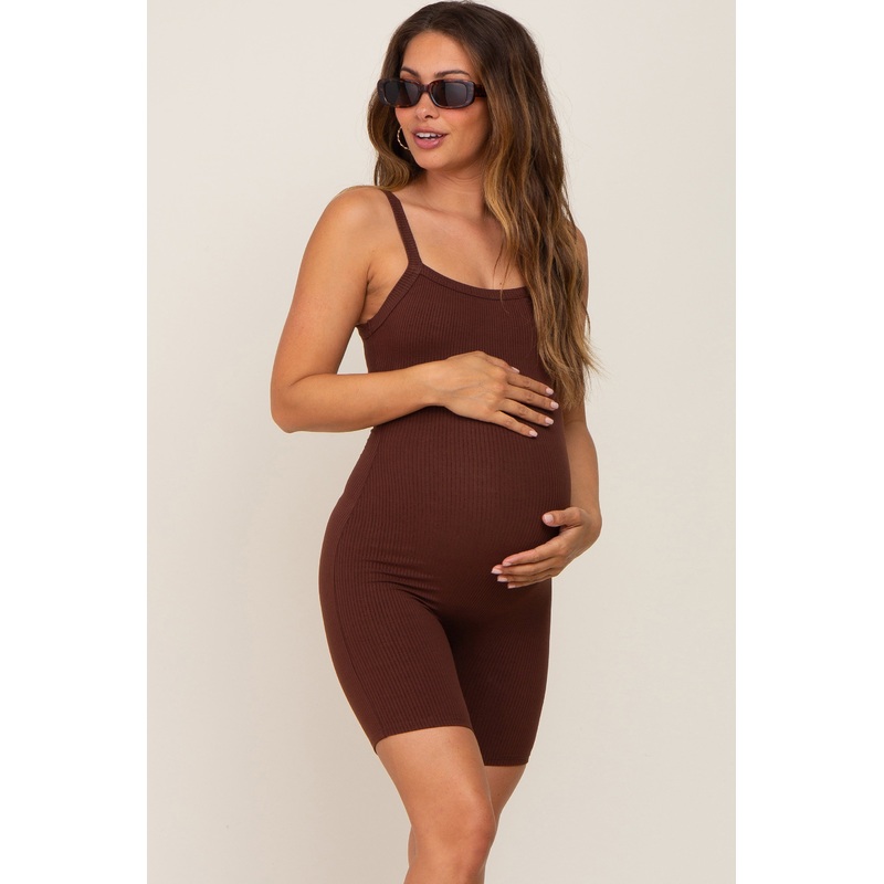 Brown Ribbed Bodycon Maternity Romper