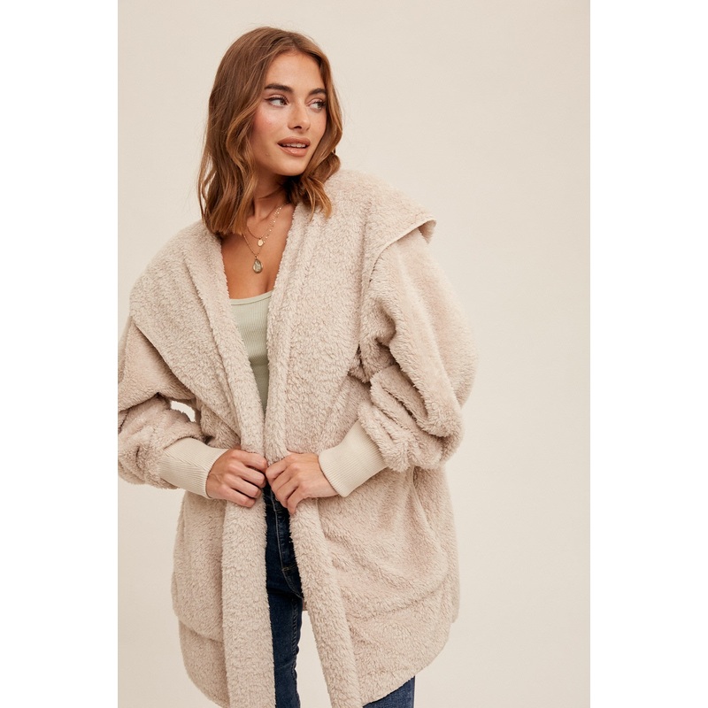 Cream Fuzzy Hooded Long Sleeve Jacket