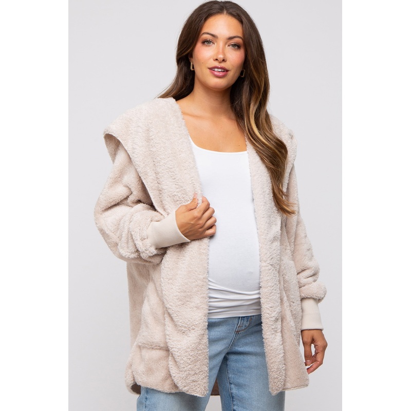 Cream Fuzzy Hooded Long Sleeve Maternity Jacket