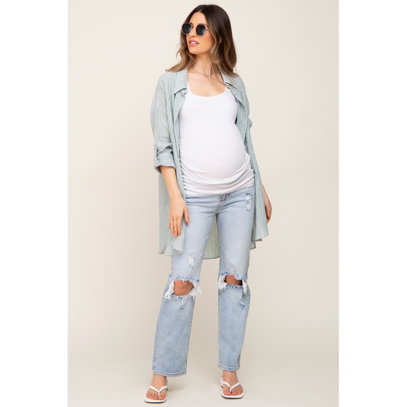 Light Blue Distressed Ripped Knee Straight Maternity Jeans