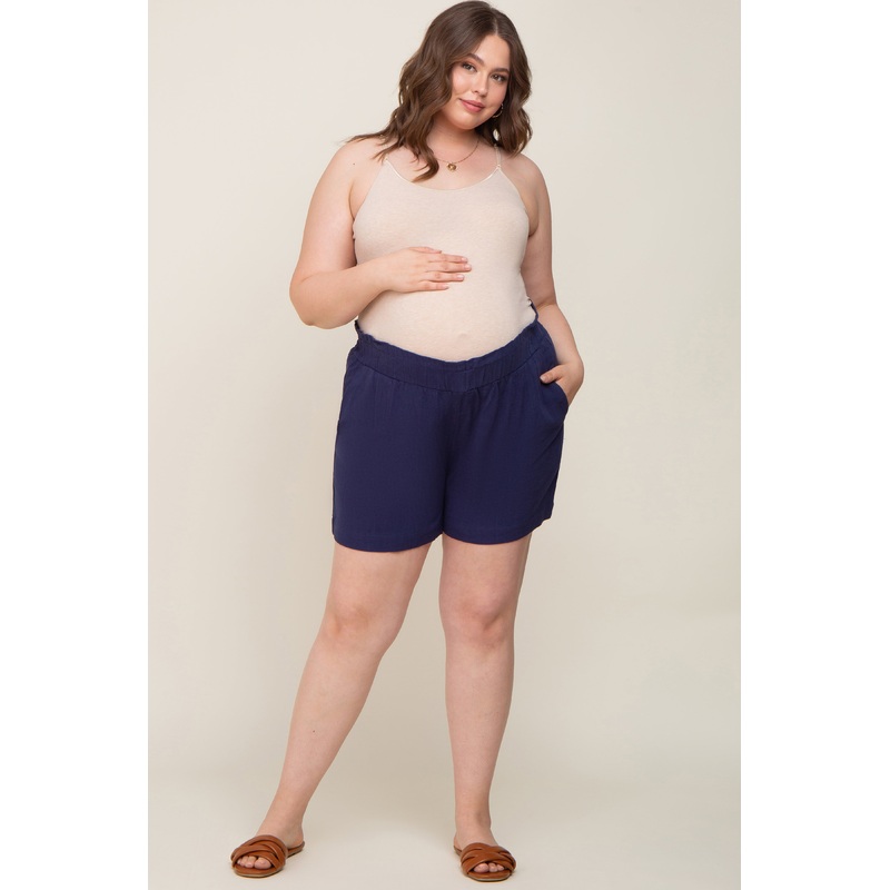 Navy Elastic Waist Linen Maternity Plus Shorts