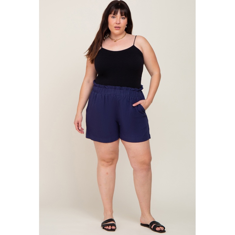 Navy Elastic Waist Linen Plus Shorts