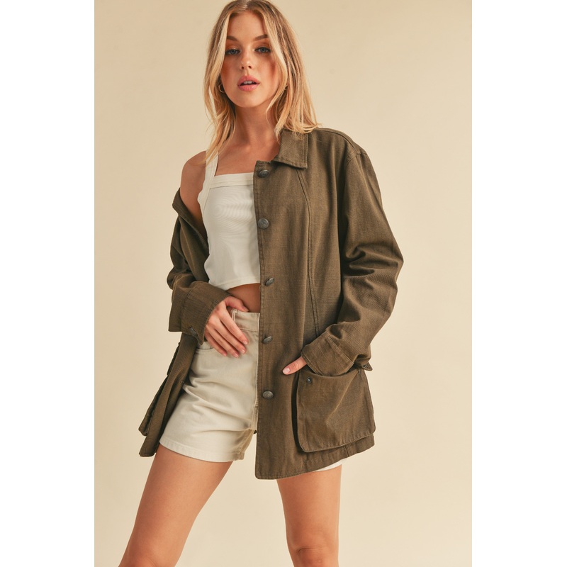 Olive Front Pocket Collared Jacket