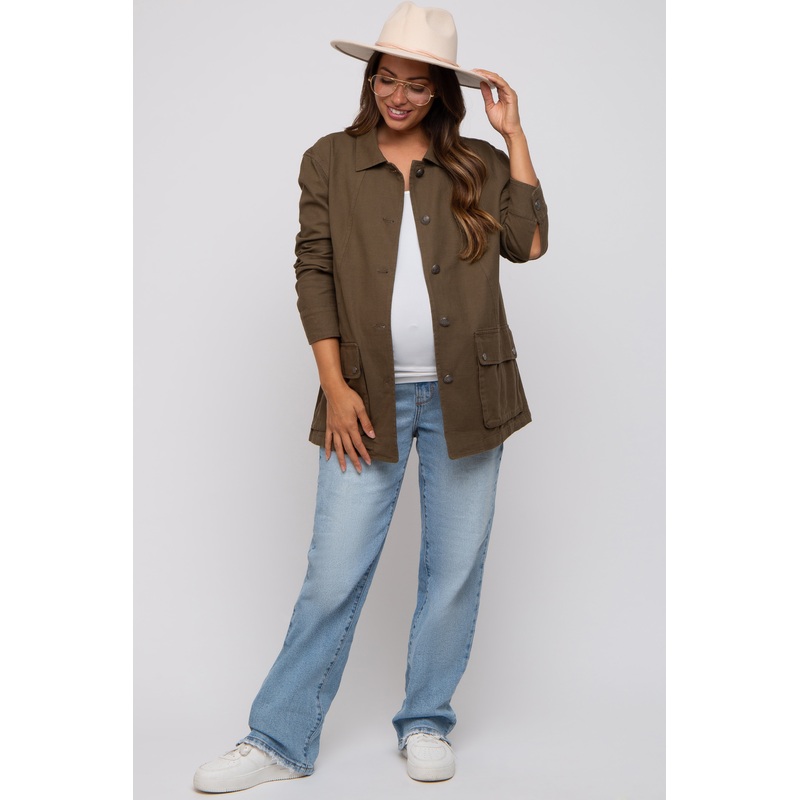 Olive Front Pocket Collared Maternity Jacket