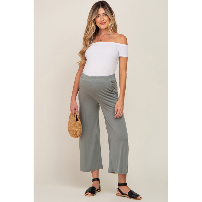 Olive Wide Leg Soft Knit Crop Maternity Pants