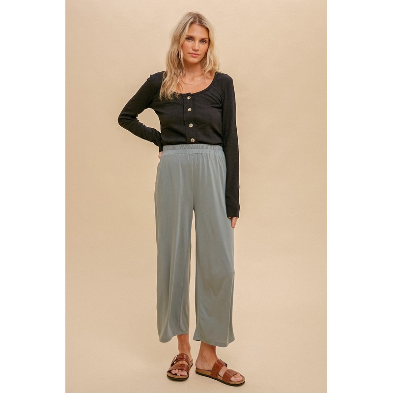 Olive Wide Leg Soft Knit Crop Pants