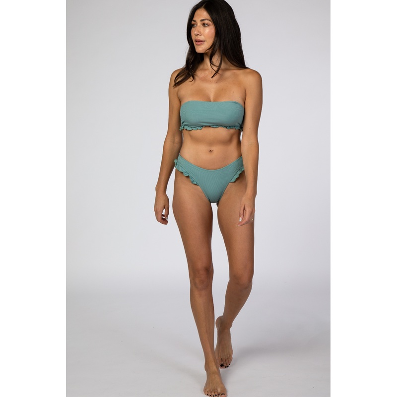 Sage Ribbed Ruffle Accent Bikini Set