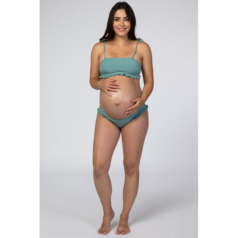 Sage Ribbed Ruffle Accent Maternity Bikini Set
