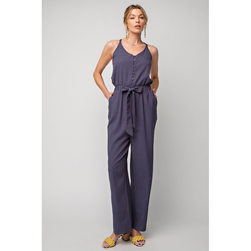 Washed Navy Soft Washed Twill Button Down Jumpsuit