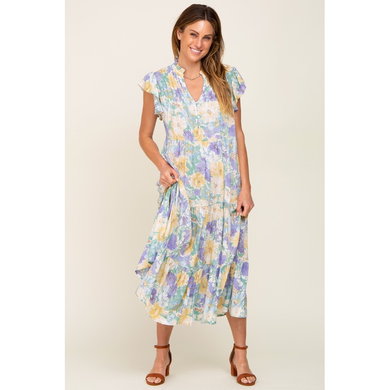 Yellow Floral Button Front Ruffle Sleeve Tiered Midi Dress