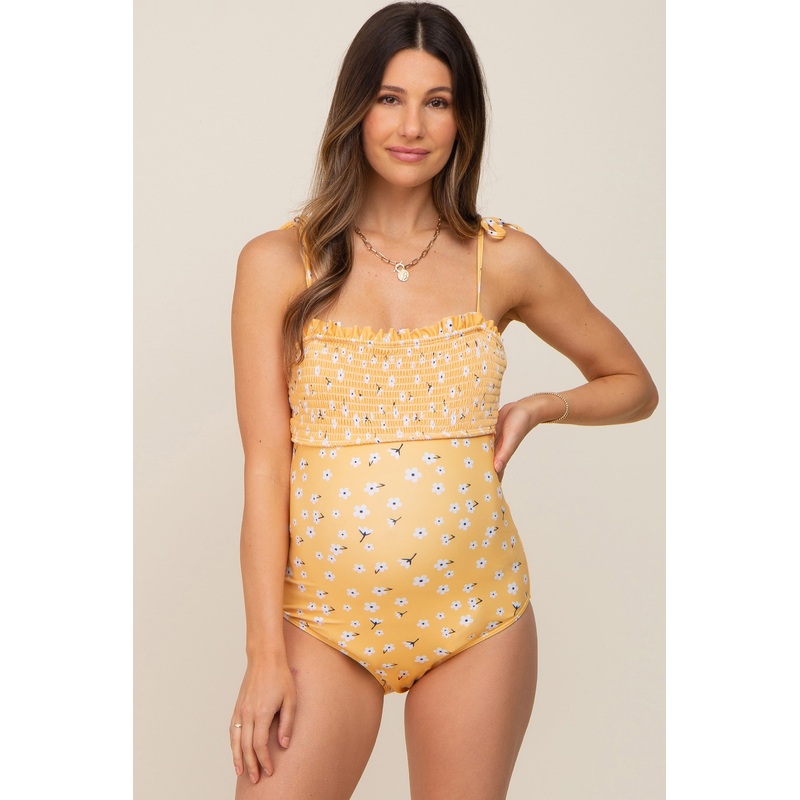 Yellow Floral Smocked Tie Strap Maternity One-Piece Swimsuit