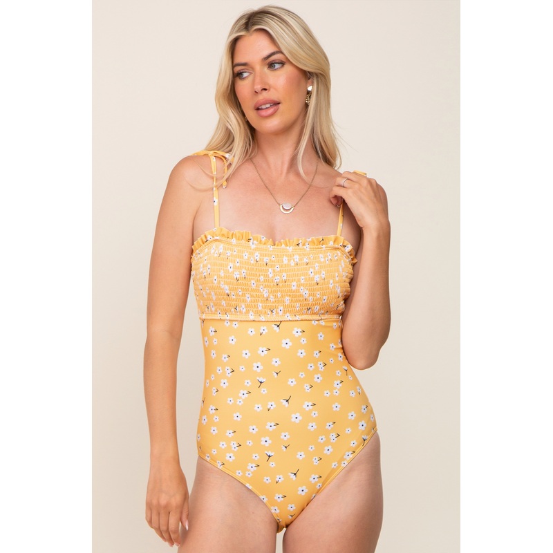 Yellow Floral Smocked Tie Strap One-Piece Swimsuit